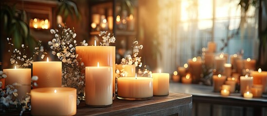 Poster - Handcrafted amber and cream candles arranged on a wooden bench with warm lighting and floral accents creating a serene shopping environment