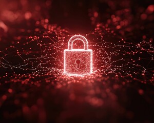 dynamic red code surrounding a brightly glowing padlock in a digital realm