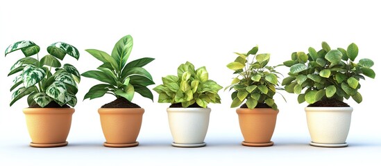 Aufkleber - Diverse indoor potted plants in various colored pots arranged in a line against a bright white background showcasing greenery and textures.