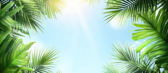 Poster - Lush green palm leaves frame a bright blue sky with soft cloud flare, creating an airy summer vibe and ample copy space for text.