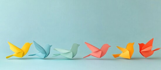 Aufkleber - Colorful origami birds in a row from left to right yellow, light blue, mint green, coral pink, bright orange against a soft blue background
