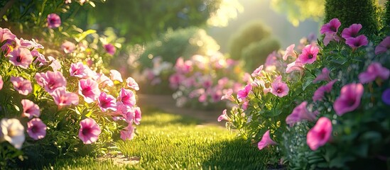 Aufkleber - Vibrant pink petunias flourish amidst various blooming flowers in a sunlit garden, soft green grass underfoot and light filtering through trees.