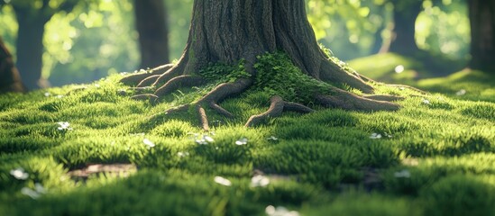 Aufkleber - Lush green grass and delicate white flowers surround a large tree trunk with visible roots, dappled sunlight filtering through vibrant leaves.