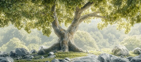 Aufkleber - Lush green forest with a majestic tree in the foreground on a soft blurred background rocks framed by gentle sunlight and muted earth tones.