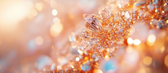 Aufkleber - Delicate close-up of shimmering golden-orange crystals with soft bokeh background showcasing warm hues and intricate details illuminating the scene