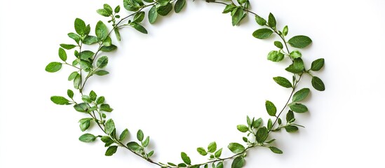 Poster - Circular arrangement of lush green leaves on a white background creating a fresh and natural frame with varying leaf shapes and sizes.