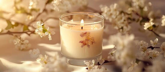 Leinwandbilder - Serene candle in glass holder placed center surrounded by soft white blossoms and warm natural light creating a tranquil ambiance.
