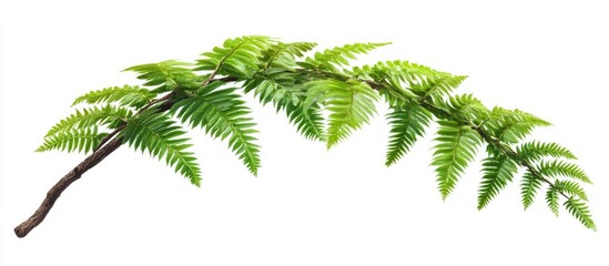 Poster - Lush green fern branch with detailed leaf texture arranged diagonally against a white background for an organic and fresh aesthetic