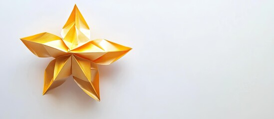 Fototapete - Golden origami star in vibrant gold color positioned on the top right of a clean white background creating a minimalist aesthetic
