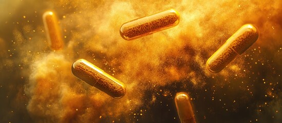 Aufkleber - Golden capsules suspended in swirling yellow powder against a vibrant explosive background, conveying dynamic movement and energy.