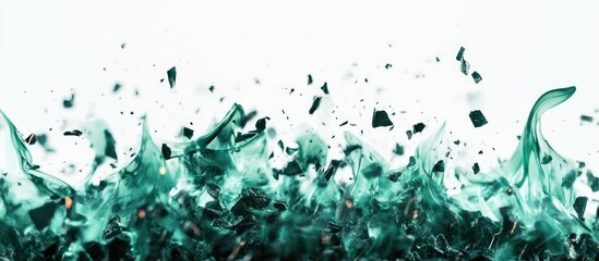 Aufkleber - Vibrant teal splashes and shards of glass create a dynamic wave against a crisp white background showcasing movement and texture in the composition