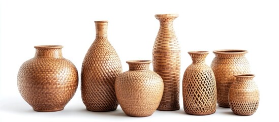 Poster - Handwoven rattan vases in various shapes and sizes arranged in a row on a bright white background highlighting their intricate patterns and textures