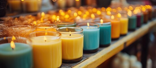 Poster - Handcrafted colorful candles in glass jars on a wooden bench with glowing flames creating a warm and inviting shopping atmosphere