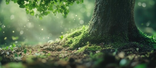 Leinwandbilder - Lush green bokeh background with soft sunlight filtering through tree leaves highlighting vibrant moss at the tree base creating a tranquil nature scene.
