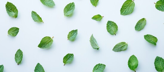 Poster - Vibrant green mint leaves scattered on a clean white background highlight their freshness and texture creating a refreshing visual delight