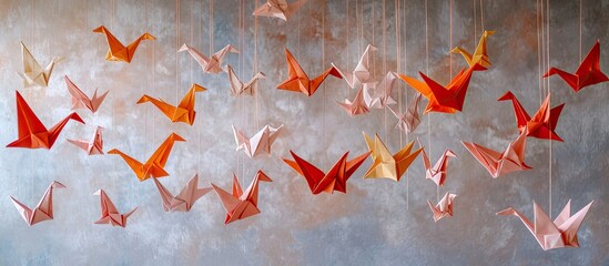 Aufkleber - Colorful origami cranes in shades of red and peach suspended against a textured gray background, creating a serene and artistic ambiance.
