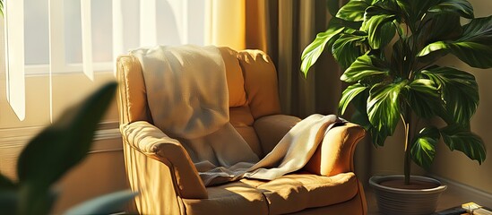 Aufkleber - Cozy living room featuring a soft orange armchair with a light blanket draped over it beside a vibrant green houseplant in warm sunlight