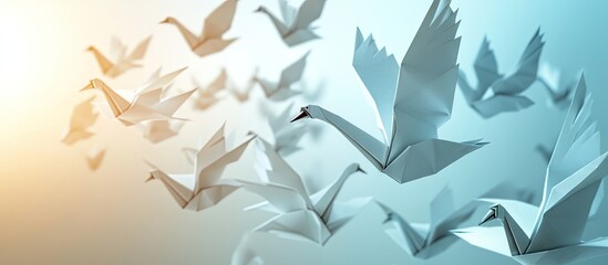 Leinwandbilder - White origami cranes in flight in soft gradient blue and orange background creating a serene and artistic atmosphere of elegance and tranquility.