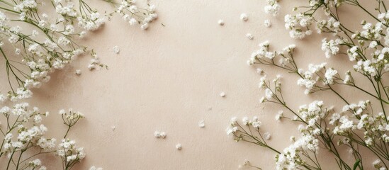 Leinwandbilder - Gypsophila flowers arranged symmetrically on a soft beige background with delicate white blooms creating a serene spring flat lay composition