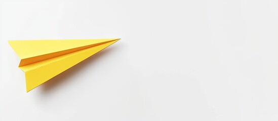 Poster - Handmade vibrant yellow paper plane positioned on the left side against a clean white background, symbolizing creativity and innovation.