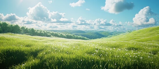 Aufkleber - Lush green grass pasture under a vivid blue sky with fluffy white clouds, capturing a serene farming landscape on a sunny day.