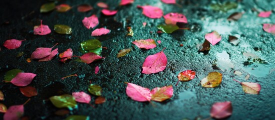 Aufkleber - Vibrant green and pink foliage scattered on a damp dark surface creating an eye-catching colorful mix of leaves prominently displayed on ground