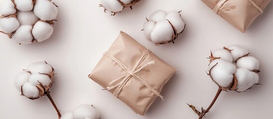 Leinwandbilder - Cotton packaging centerpiece on light background surrounded by fluffy cotton bolls creating a clean and spacious layout for creative text use