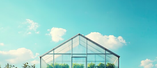 Aufkleber - Vibrant greenhouse with glass panels under a clear blue sky, highlighted by soft white clouds, creating a serene botanical atmosphere.