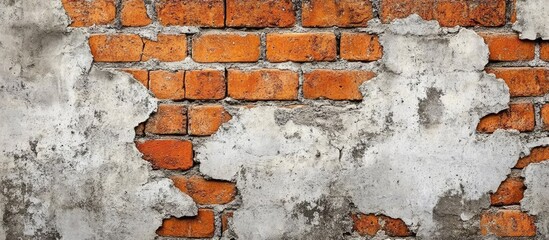Poster - Vintage brick wall with peeling gray mortar texture, featuring orange-red bricks and distressed surfaces, ideal for backgrounds and design projects.