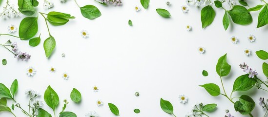 Poster - Chamomile and lilac petals surrounded by green leaves on a white background with empty center space for text in a flat lay arrangement