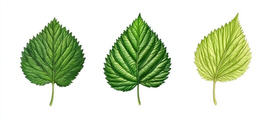 Poster - Three distinct green leaves showcasing varying shades and textures positioned evenly on a clean white background emphasizing botanical details and natural beauty.