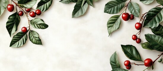 Leinwandbilder - Aesthetic composition of lush green leaves and vibrant red berries arranged along the edges of a soft beige background.