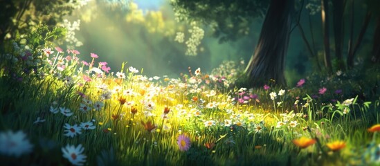 Aufkleber - Vibrant summer meadow with blooming herbaceous plants in various colors like yellow and white, sunlight filtering through trees in the background.