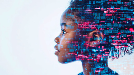 Digital portrait of a woman fused with futuristic tech elements.