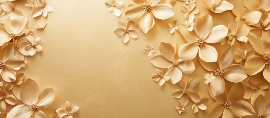 Leinwandbilder - Elegant golden background featuring textured floral elements in soft peach and cream hues, arranged artistically across the edges, creating depth.