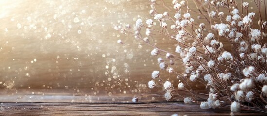 Leinwandbilder - Delicate gypsophila flowers in white tones positioned to the right on a rustic wooden background with soft golden bokeh and light effects.