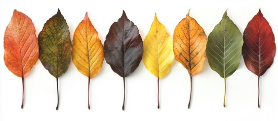 Aufkleber - Colorful autumn leaves in a horizontal row featuring shades of orange, yellow, red, brown, and green against a clean white background.