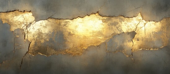 Aufkleber - Weathered wall illuminated by golden light with visible cracks showcasing a timeworn texture in soft grey and warm gold tones against a blurred background.