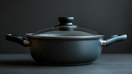 isolated on a white background are a black pan and lid the material of the covered pan a chef s modern frying pan the pan has a glass lid with a handl