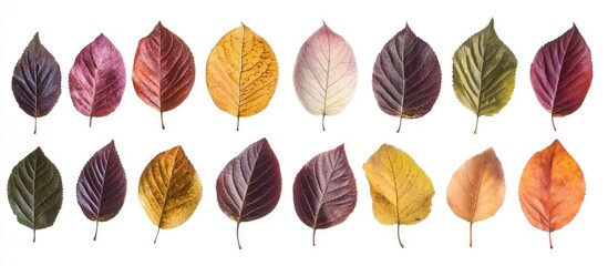 Aufkleber - Multicolored autumn leaves collection with deep reds, yellows, and purples arranged in two rows on a clean white background.
