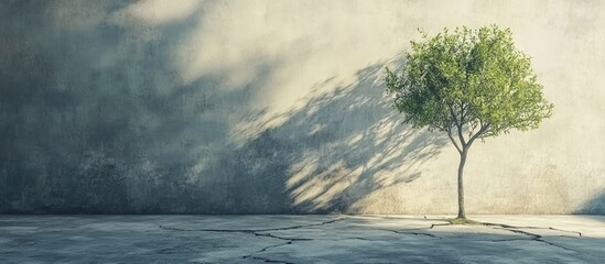 Leinwandbilder - Lonely green tree with delicate leaves against a textured gray wall casting deep shadows on a cracked concrete floor in soft morning light.