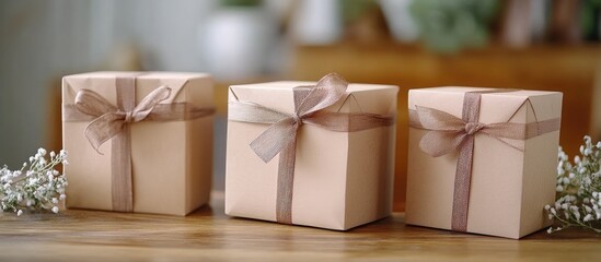 Aufkleber - Festive gift boxes with brown ribbons arranged on a wooden table surrounded by greenery creating a cheerful and inviting holiday atmosphere