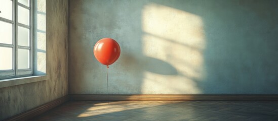 Leinwandbilder - Red balloon floating near a sunlit wall in a minimalistic room with soft shadows, wooden floor, and a window creating a serene atmosphere.