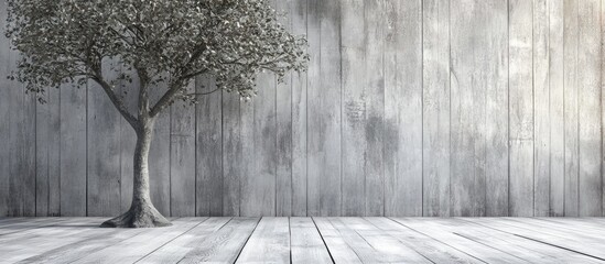 Gray tree silhouette against a textured vintage wooden backdrop in a spacious contemporary setting featuring soft gray tones and ample copy space.