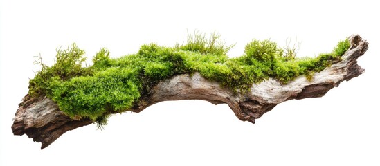 Aufkleber - Lush green moss covering a weathered brown branch isolated on a clean white background showcasing natural textures and organic features.