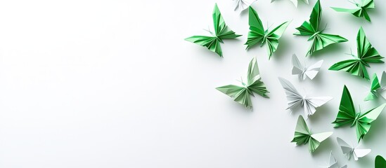 Leinwandbilder - Colorful origami butterflies in shades of green and white arranged asymmetrically on a clean white background creating a serene and artistic composition