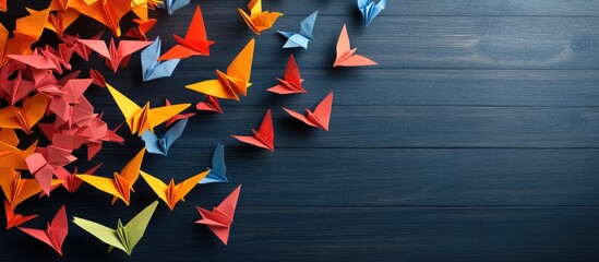Aufkleber - Colorful origami cranes in red, orange, yellow, and blue arranged on dark wooden background with ample copy space on the right side for text.