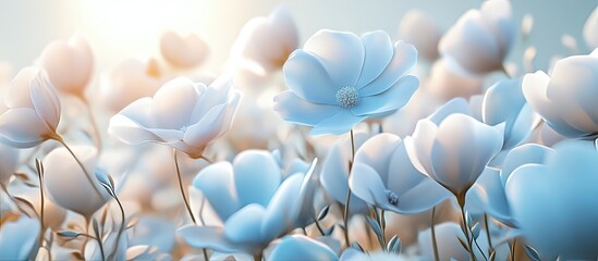 Poster - Spring floral field with delicate light blue poppies softly illuminated by warm sunlight, creating a serene and dreamy atmosphere.
