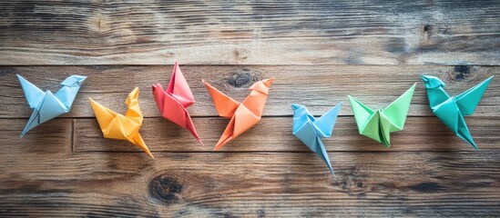 Aufkleber - Colorful origami birds arranged in a line on a rustic wooden background featuring orange, red, green, and blue hues with a vibrant aesthetic.