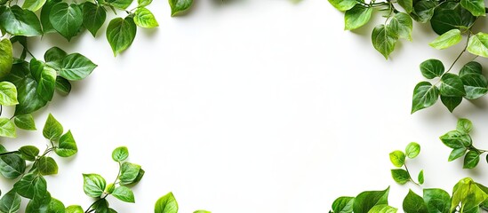 Poster - Vibrant green leaves creating a lush border framing a clean white background with varying leaf shapes and sizes positioned evenly around the edges.